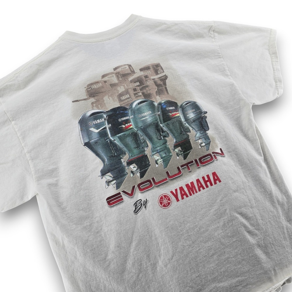 Yamaha Outboard Motor Evolution Graphic T Shirt Mens XL White Cotton Gildan Tee